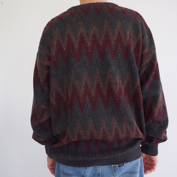 Vintage '80S Van Heusen Gray Maroon Chucky Biggie Cosby V-Neck Knit Sweater XLT - Picture 2 of 9